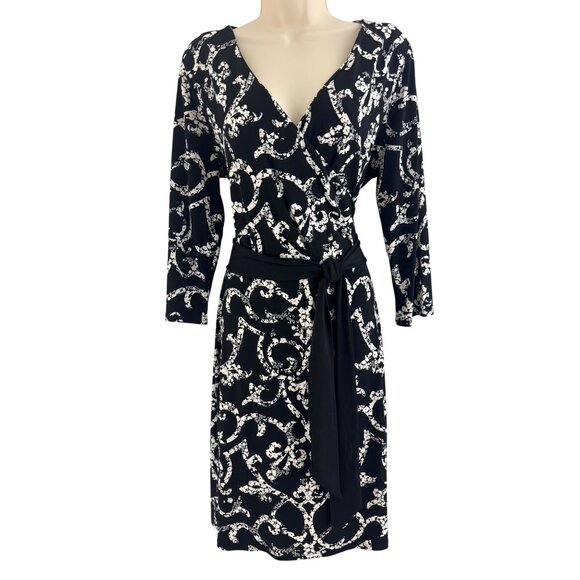 White House Black Market Baroque Print Faux-Wrap Dress with Tie Size 12 Fall - Picture 1 of 5